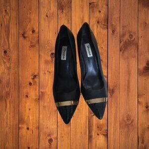 Dune London Women's EU 37 (6.5/7) Black Pointed Toe Gold Accent Pumps Heels